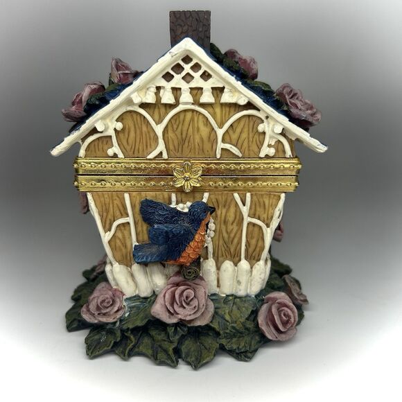 Ceramic Birdhouse Blue Roof House Purple Rose Flower Hinged Trinket Jewelry Box - Picture 1 of 10